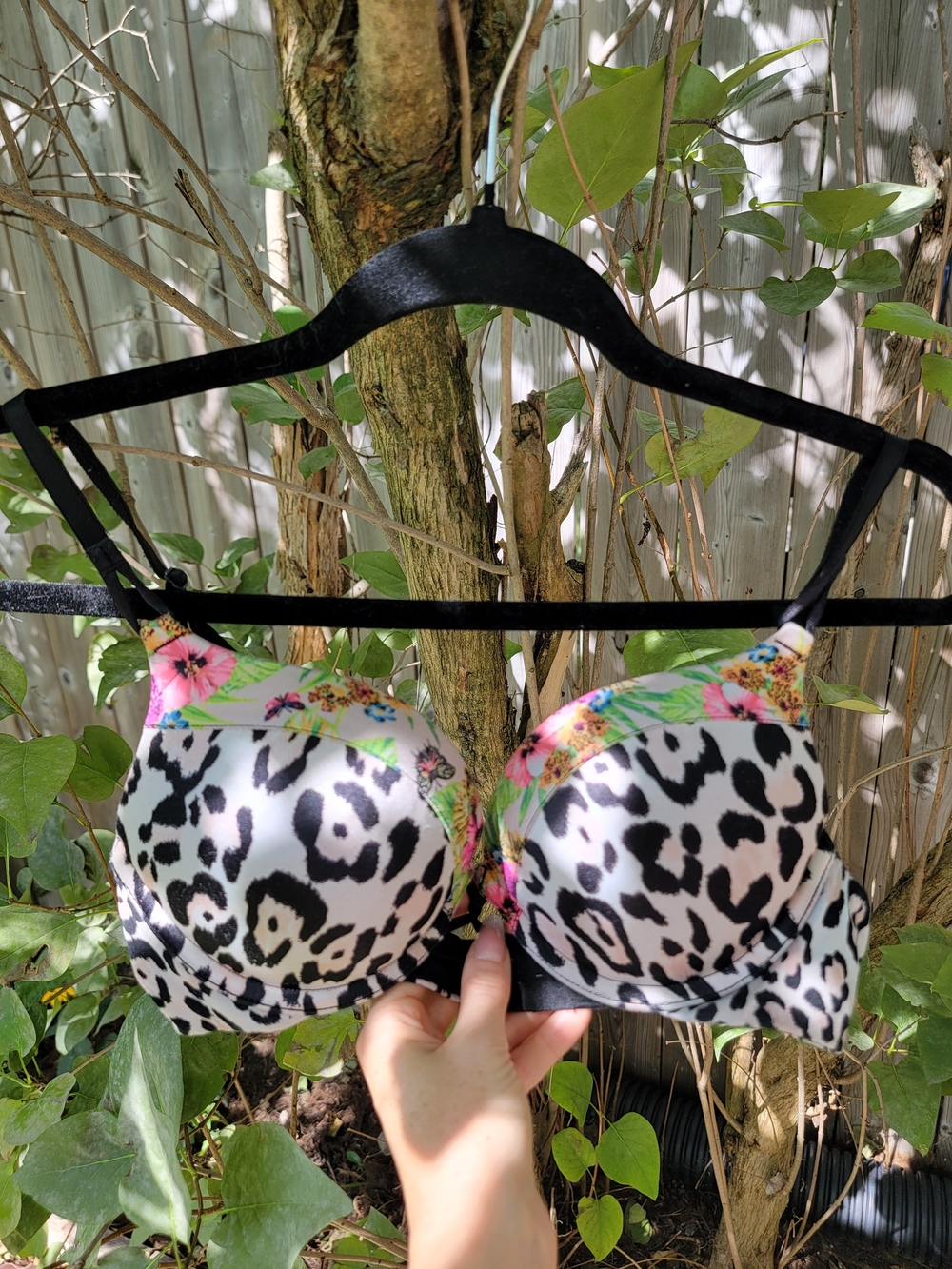 Victoria Secret Leopard Print Bra with Floral Trim - Cream White, Floral & Black